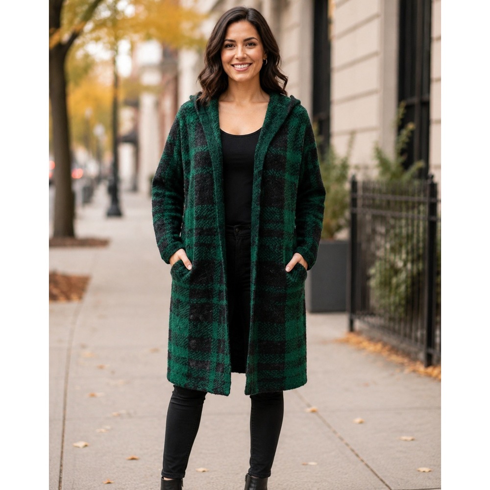 Natural Reflections XL Green Black Plaid Hooded Long Cardigan Coat